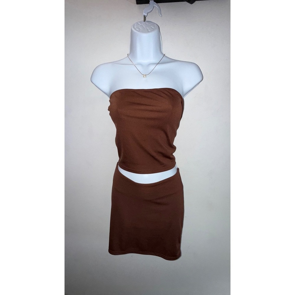 Brown 2 Piece Set Strapless Tube Top and Mini Skirt Women Large